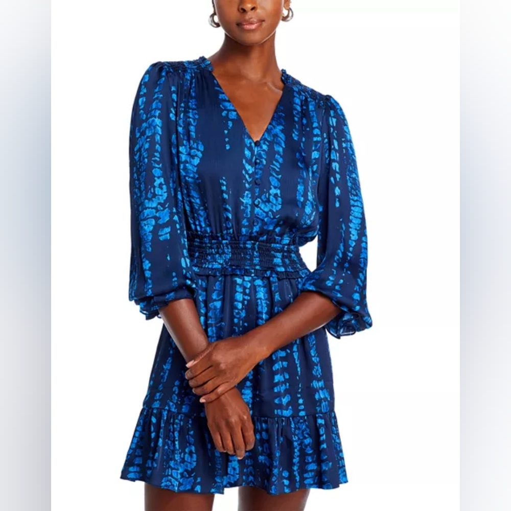 AQUAPrinted Smocked Waist Dress. Elegant Blue Patterned Dress In XL Size.